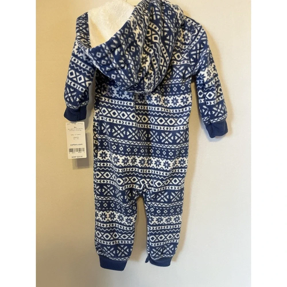 Carters Baby Boy Hooded Fleece Romper Pajamas‎ Snowflake Print 9 Month
